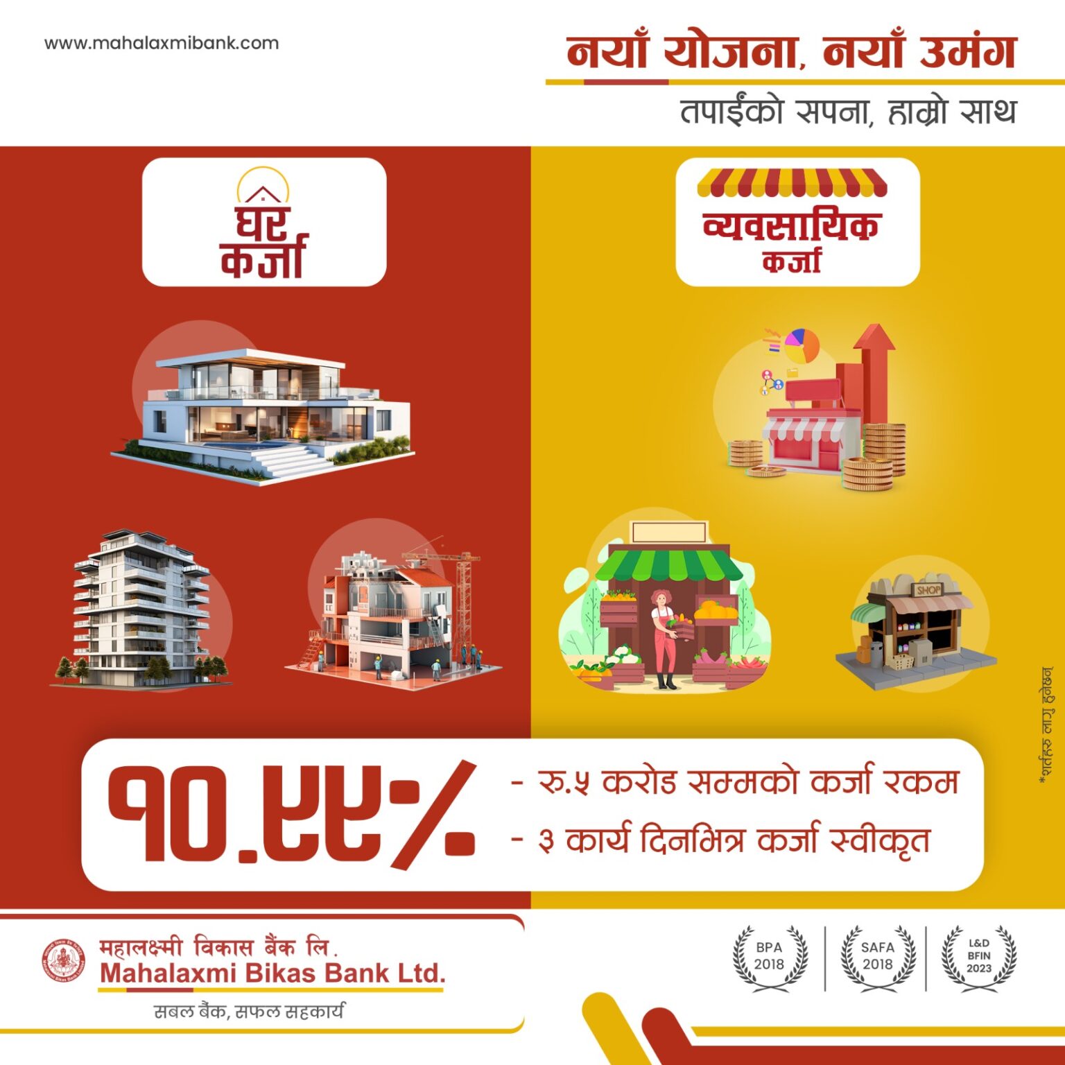 महालक्ष्मी विकास बैंकको कर्जा योजना : १०.९९ प्रतिशत ब्याजदरमा ५ करोडसम्मको कर्जा
